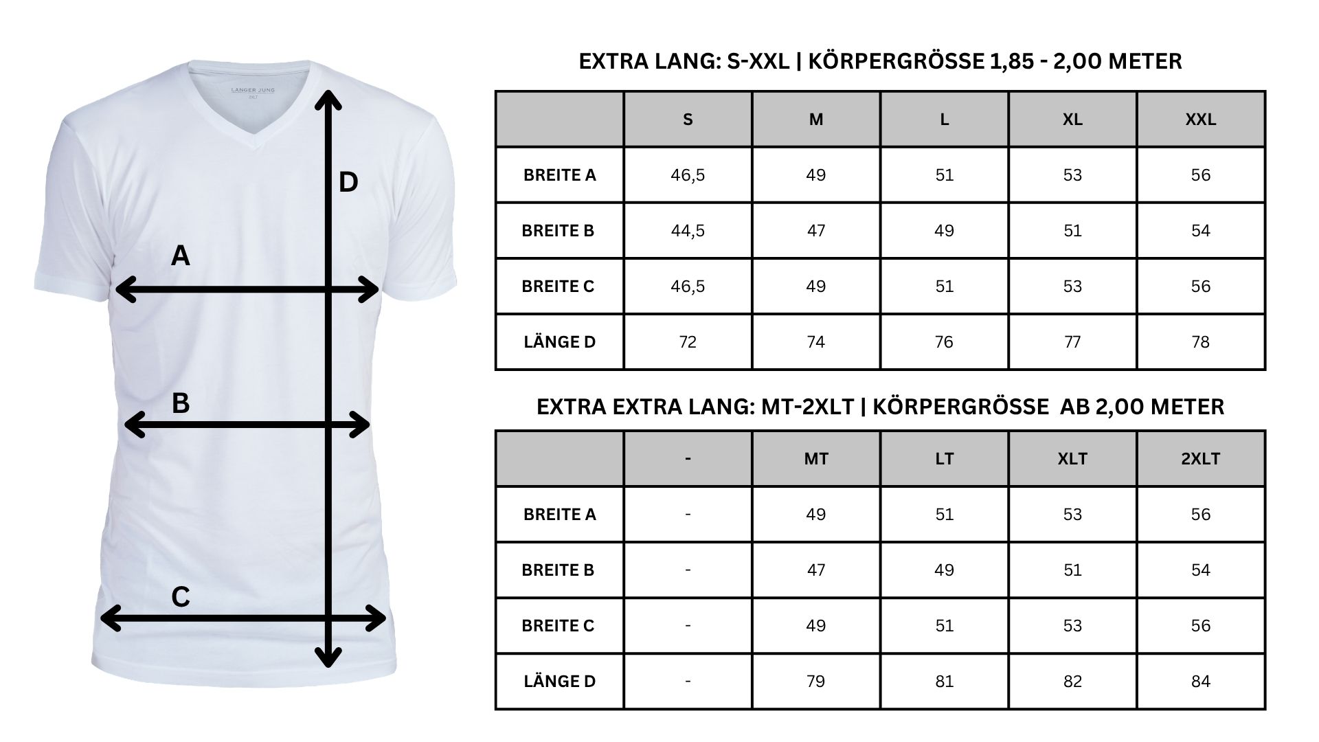 Größentabelle extra lange Slim Fit T-Shirt